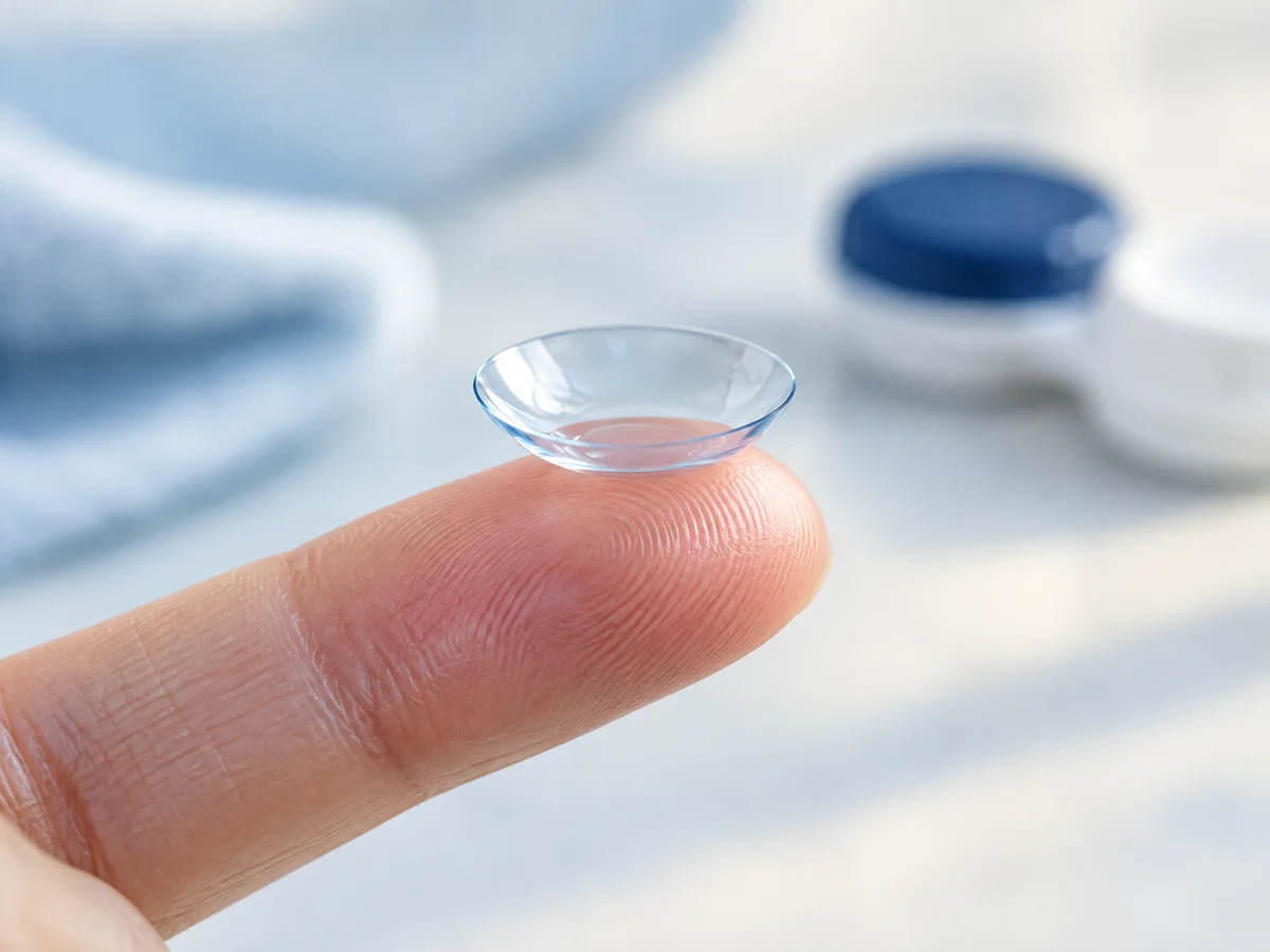Illustrative close-up of a contact lens on a fingertip