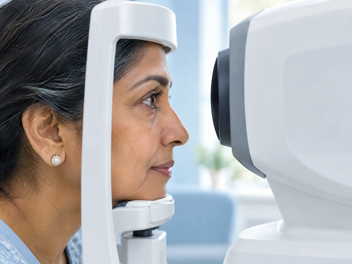 Illustrative photograph of a patient at a retinal imaging instrument